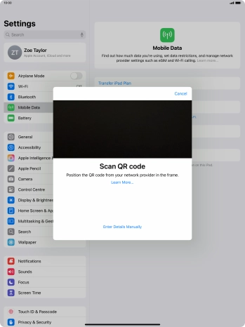 Place the QR code you've received inside the tablet camera frame to scan the code. Your eSIM is transferred to your new tablet over the internet. Place the QR code you've received inside the tablet camera frame to scan the code. Your eSIM is transferred to your new tablet over the internet.