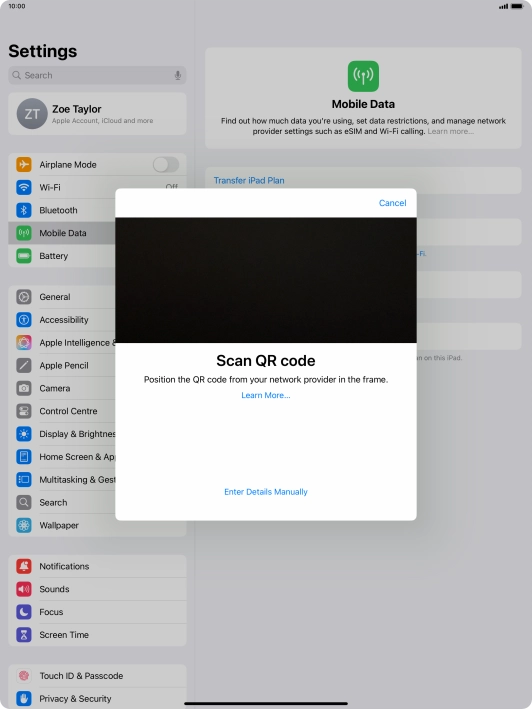 Place the QR code you've received inside the tablet camera frame to scan the code. Your eSIM is transferred to your new tablet over the internet. Place the QR code you've received inside the tablet camera frame to scan the code. Your eSIM is transferred to your new tablet over the internet.