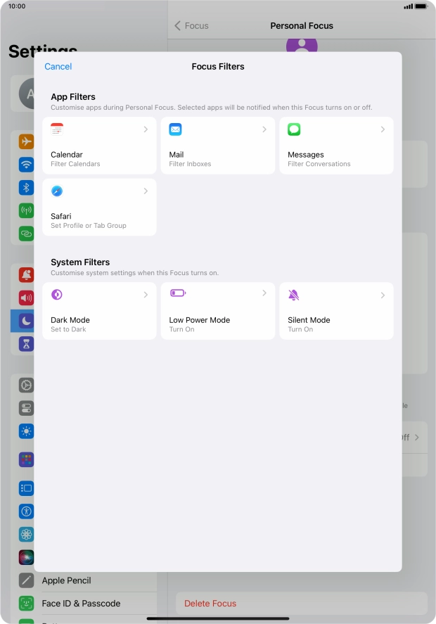 To see specific calendars in the selected focus mode, press Calendar and follow the instructions on the screen to select the required calendars.