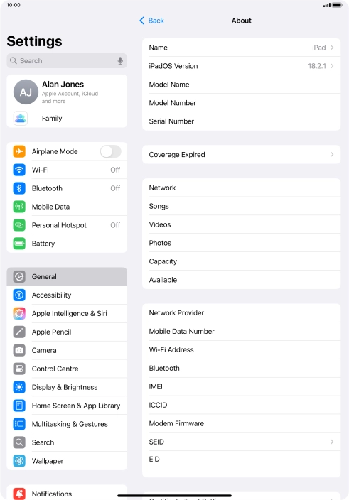 Your tablet's software version is displayed next to iPadOS Version. Your tablet's software version is displayed next to iPadOS Version.