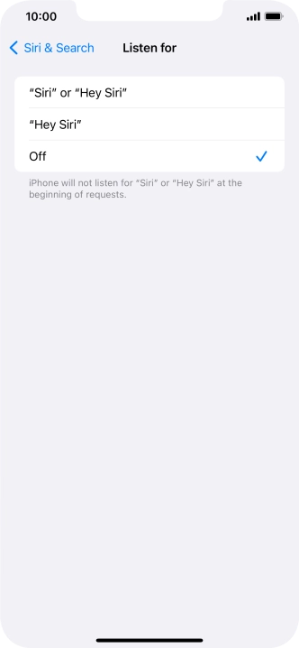 Press the required setting to turn the function on or off. If you turn on the function, you need to follow the instructions on the screen to set up Siri to recognise your voice.