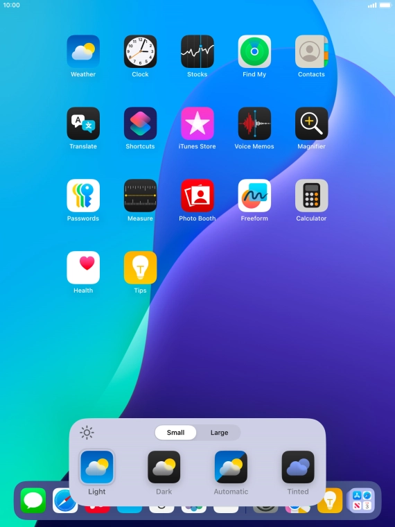 Press the required setting to select the size of app icons on the home screen.