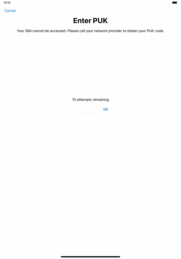 Key in the PUK and press OK.
