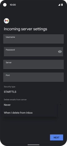 Press Never to keep email messages on the server when you delete them on your phone.
