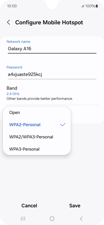 Press WPA3-Personal to password protect your Wi-Fi hotspot.