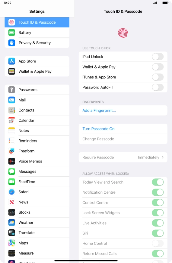 Press Turn Passcode On and key in a lock code of your own choice twice.