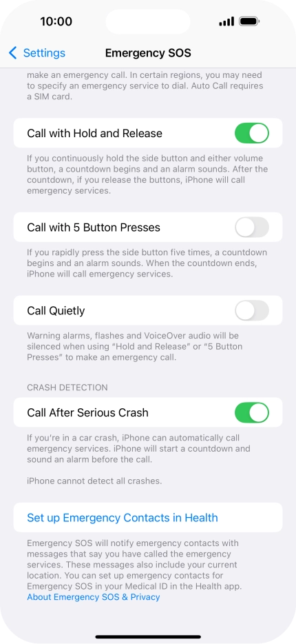 Press Set up Emergency Contacts in Health and follow the instructions on the screen to key in your emergency info and emergency contacts.