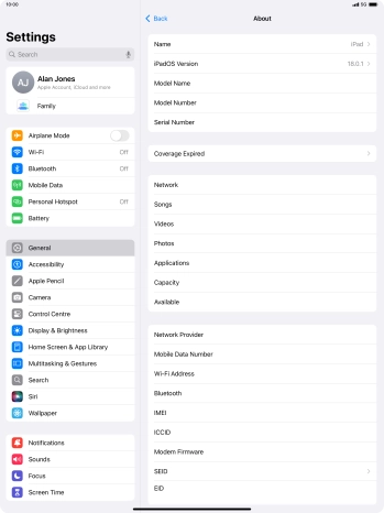 Your tablet's EID number is displayed below EID.