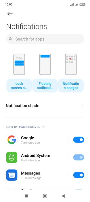 Press the indicator next to the required app to turn the function on or off.