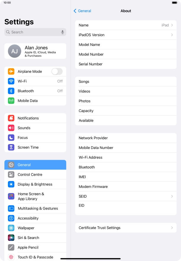 Your tablet's EID number is displayed below EID. Your tablet's EID number is displayed below EID.