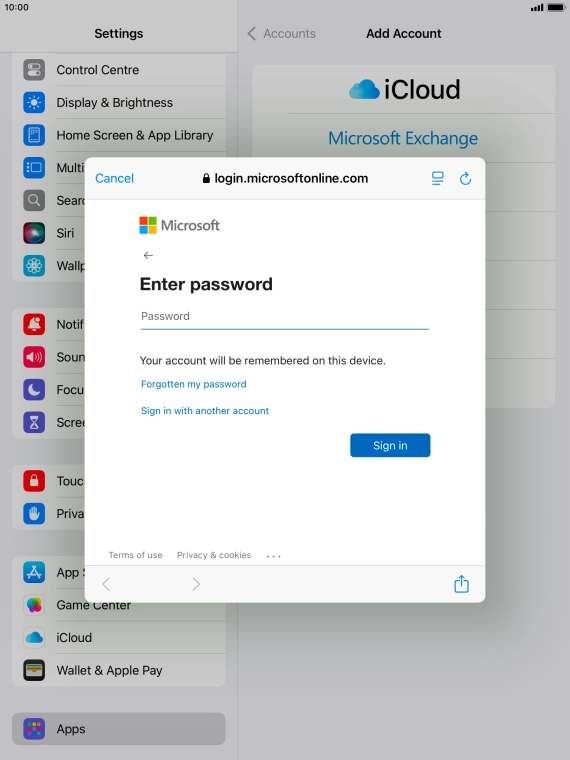 Press Password and key in the password for your email account.