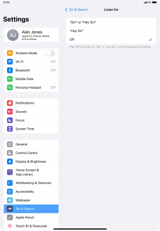 Press the required setting to turn the function on or off. If you turn on the function, you need to follow the instructions on the screen to set up Siri to recognise your voice.