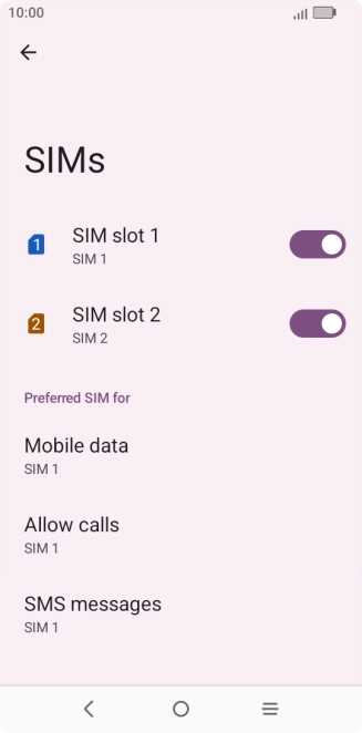 Press the indicator next to the required SIM to turn use of the SIM on or off.