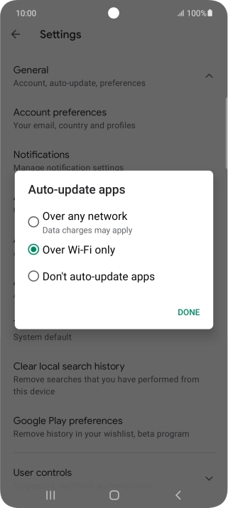To turn on automatic update of apps using mobile network, press Over any network.