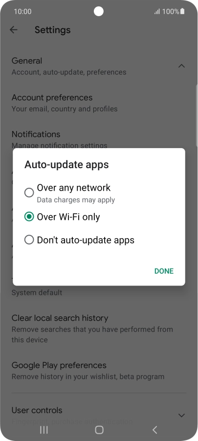 To turn on automatic update of apps using mobile network, press Over any network.