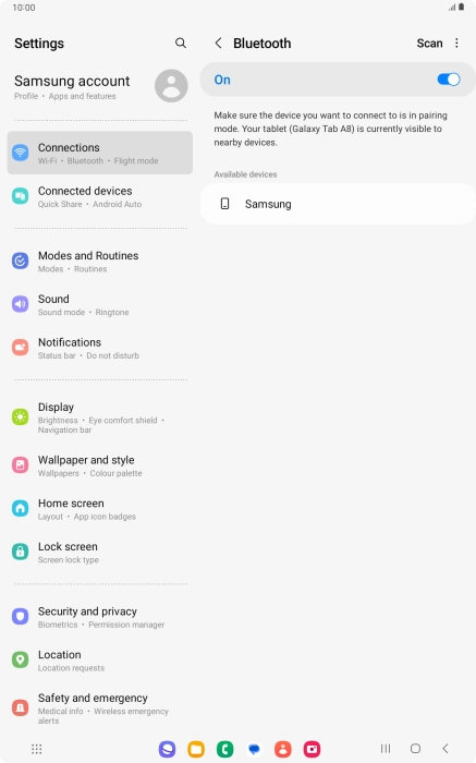 Press the required Bluetooth device and follow the instructions on the screen to pair the device with your tablet.