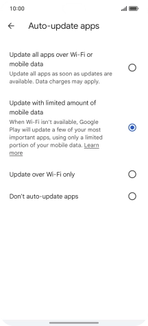 To turn on automatic update of apps using mobile network, press Update all apps over Wi-Fi or mobile data.