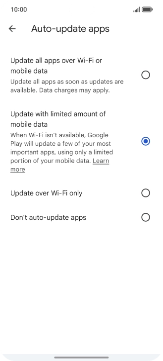 To turn on automatic update of apps using mobile network, press Update all apps over Wi-Fi or mobile data.