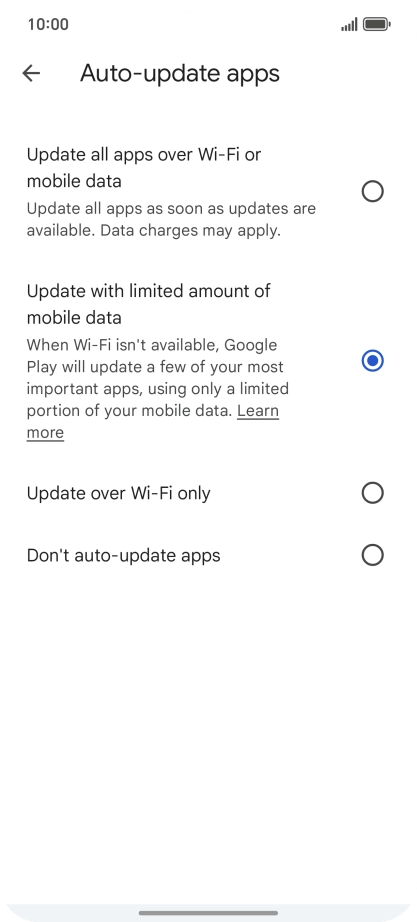 To turn on automatic update of apps using mobile network, press Update all apps over Wi-Fi or mobile data.