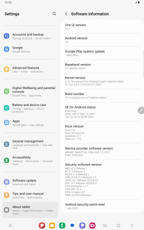 Your tablet's software version is displayed below Android version.