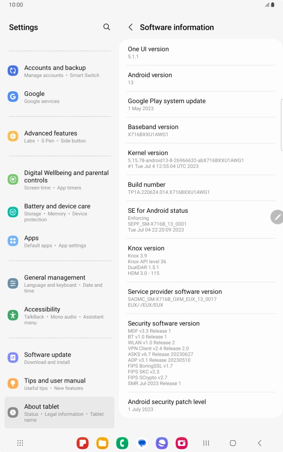 Your tablet's software version is displayed below Android version.
