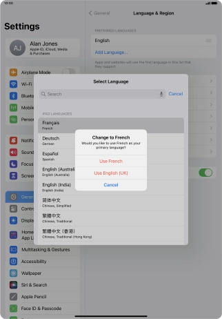 To select the new language as the default tablet language, press Use ‹language›. To select the new language as the default tablet language, press Use ‹language›.