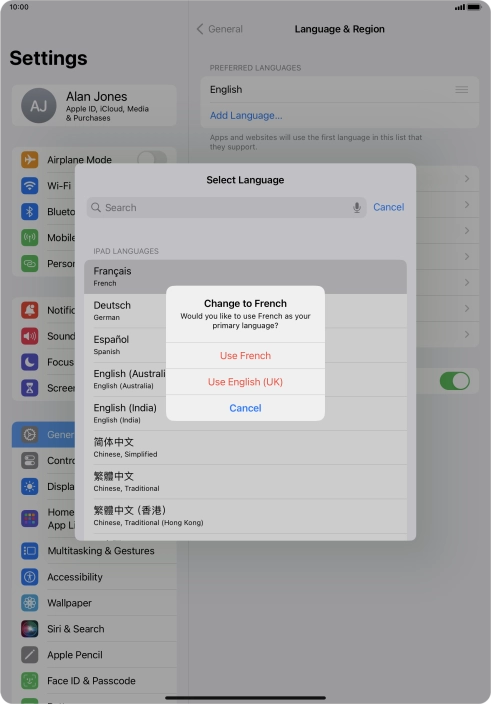 To select the new language as the default tablet language, press Use ‹language›. To select the new language as the default tablet language, press Use ‹language›.