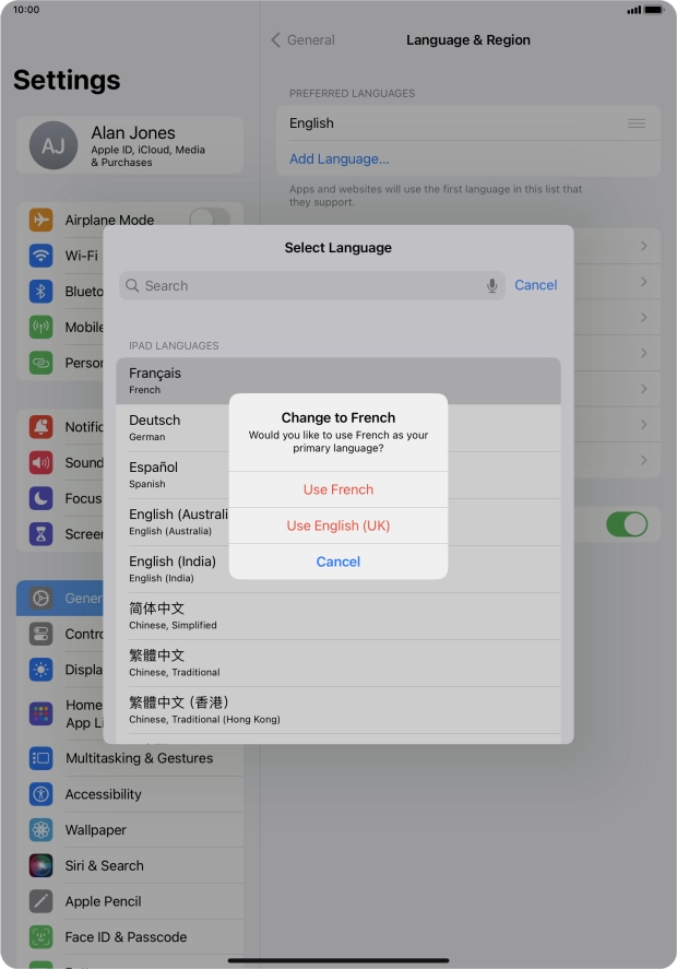 To select the new language as the default tablet language, press Use ‹language›. To select the new language as the default tablet language, press Use ‹language›.