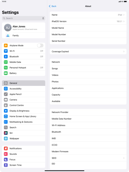 Your tablet's software version is displayed next to iPadOS Version.
