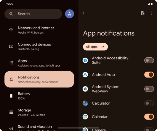 Press the indicator next to the required apps to turn the function on or off. Press the indicator next to the required apps to turn the function on or off.