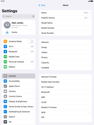 Your tablet's EID number is displayed below EID.