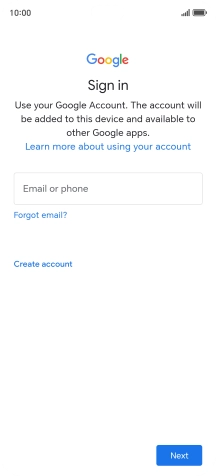If you don't have a Google account, press Create account and follow the instructions on the screen to create an account. If you don't have a Google account, press Create account and follow the instructions on the screen to create an account.