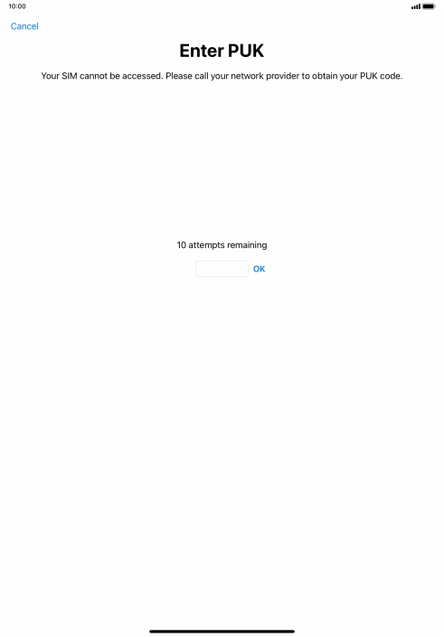 Key in the PUK and press OK.