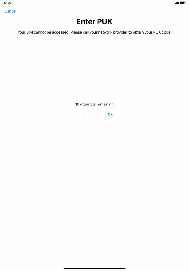 Key in the PUK and press OK.