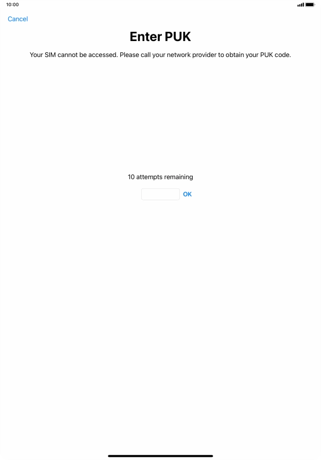 Key in the PUK and press OK.
