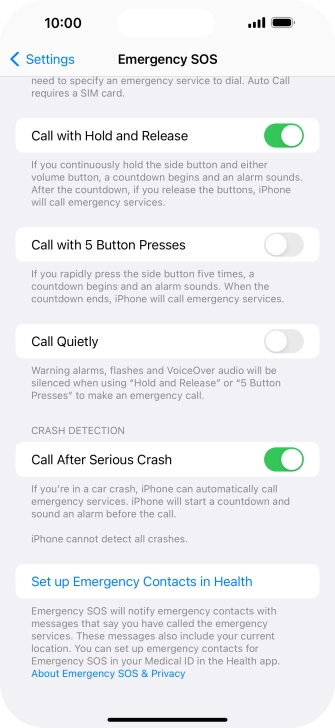 Press Set up Emergency Contacts in Health and follow the instructions on the screen to key in your emergency info and emergency contacts. Press Set up Emergency Contacts in Health and follow the instructions on the screen to key in your emergency info and emergency contacts.