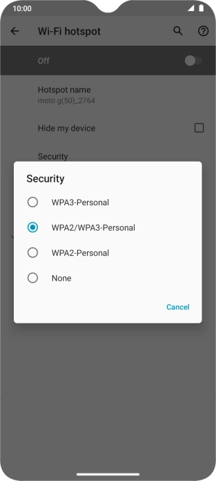 Press WPA3-Personal to password protect your Wi-Fi hotspot.