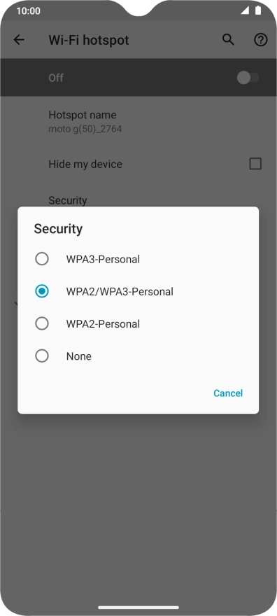 Press WPA3-Personal to password protect your Wi-Fi hotspot.