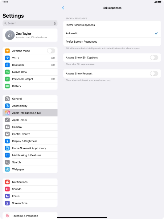 Press the required setting.