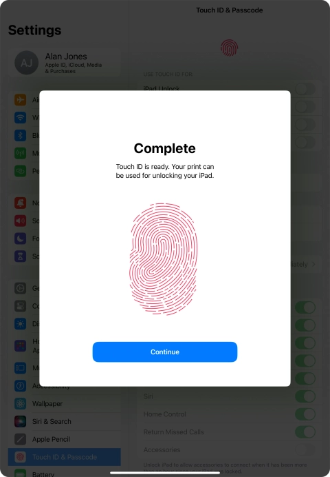 Press Continue. If you haven't previously selected a lock code, key in a code of your own choice twice.