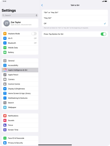 Press the required setting to turn the function on or off. If you turn on the function, you need to follow the instructions on the screen to set up Siri to recognise your voice.