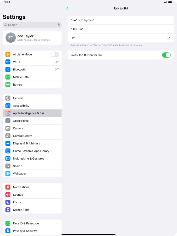 Press the required setting to turn the function on or off. If you turn on the function, you need to follow the instructions on the screen to set up Siri to recognise your voice.
