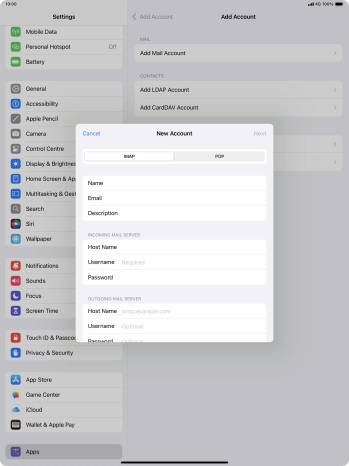 Press Username and key in the username for your email account.