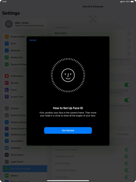 Press Get Started and follow the instructions on the screen to set up Face ID.