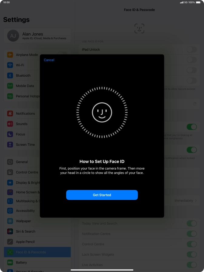 Press Get Started and follow the instructions on the screen to set up Face ID.