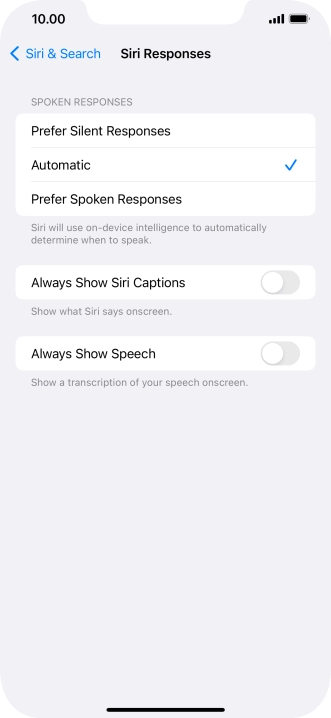 Press the required setting.
