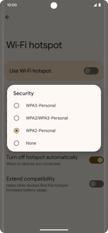 Press WPA3-Personal to password protect your Wi-Fi hotspot. Press WPA3-Personal to password protect your Wi-Fi hotspot.