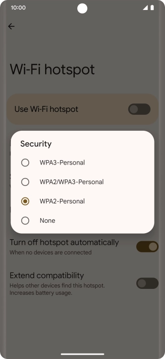 Press WPA3-Personal to password protect your Wi-Fi hotspot. Press WPA3-Personal to password protect your Wi-Fi hotspot.