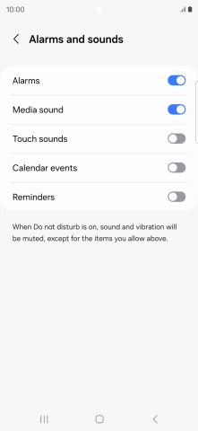Press the required settings to turn sound and vibration for the selected functions on or off. Press the required settings to turn sound and vibration for the selected functions on or off.