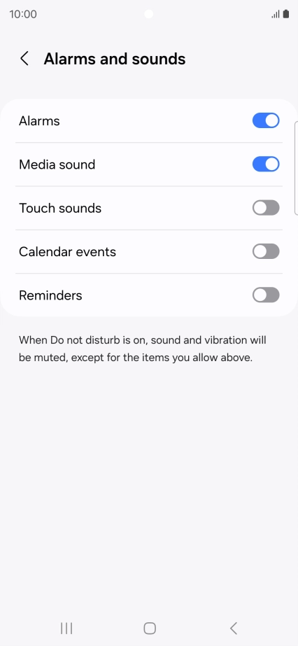 Press the required settings to turn sound and vibration for the selected functions on or off. Press the required settings to turn sound and vibration for the selected functions on or off.